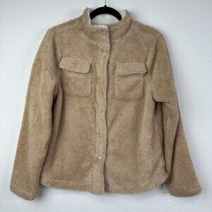 NWT Olivia Sky Women's Plush Teddy Snap Sweater Cardigan Shacket Size L Tan